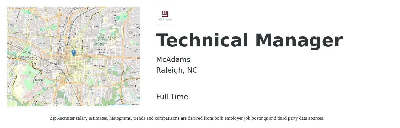 McAdams job posting for a Technical Manager in Raleigh, NC with a salary of $113,200 to $175,900 Yearly with a map of Raleigh location.
