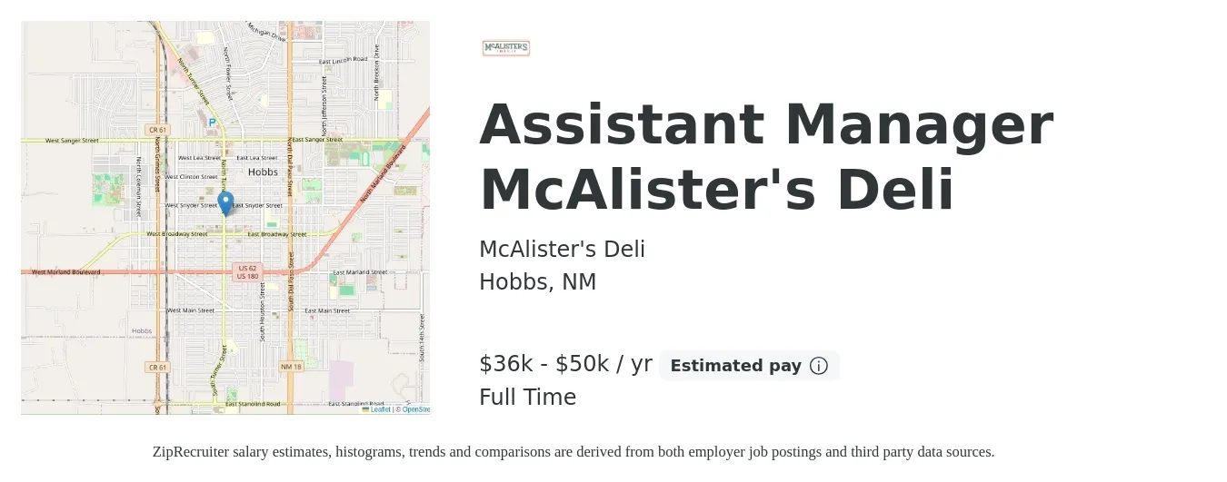 McAlister's Deli job posting for a Assistant Manager McAlister's Deli in Hobbs, NM with a salary of $36,000 to $50,000 Yearly with a map of Hobbs location.
