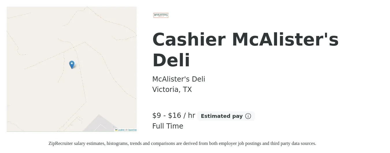 McAlister's Deli job posting for a Cashier McAlister's Deli in Victoria, TX with a salary of $10 to $17 Hourly with a map of Victoria location.