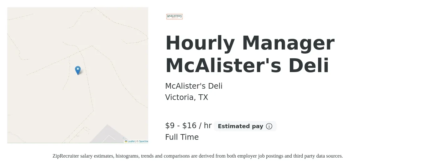 McAlister's Deli job posting for a Hourly Manager McAlister's Deli in Victoria, TX with a salary of $10 to $17 Hourly with a map of Victoria location.