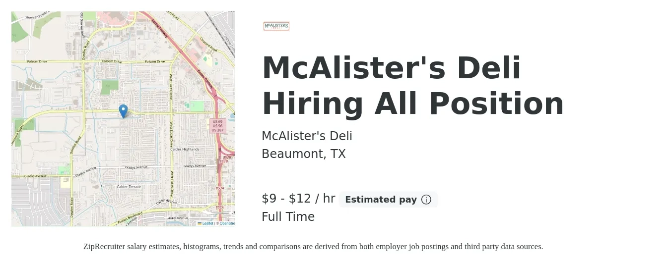 McAlister's Deli job posting for a McAlister's Deli Hiring All Position in Beaumont, TX with a salary of $9 to $13 Hourly with a map of Beaumont location.