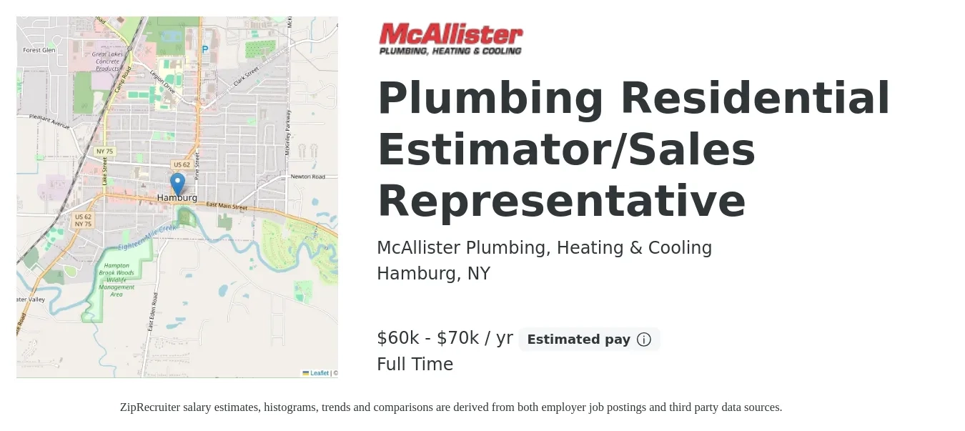 McAllister Plumbing, Heating & Cooling job posting for a Plumbing Residential Estimator/Sales Representative in Hamburg, NY with a salary of $60,000 to $70,000 Yearly with a map of Hamburg location.