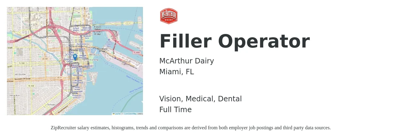 McArthur Dairy job posting for a Filler Operator in Miami, FL with a salary of $17 to $24 Hourly and benefits including dental, life_insurance, medical, and vision with a map of Miami location.