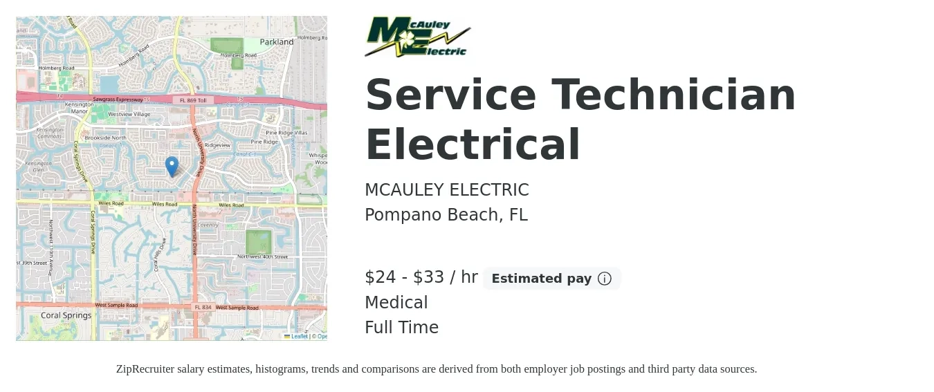 MCAULEY ELECTRIC job posting for a Service Technician Electrical in Pompano Beach, FL with a salary of $25 to $35 Hourly (plus commission) and benefits including medical with a map of Pompano Beach location.