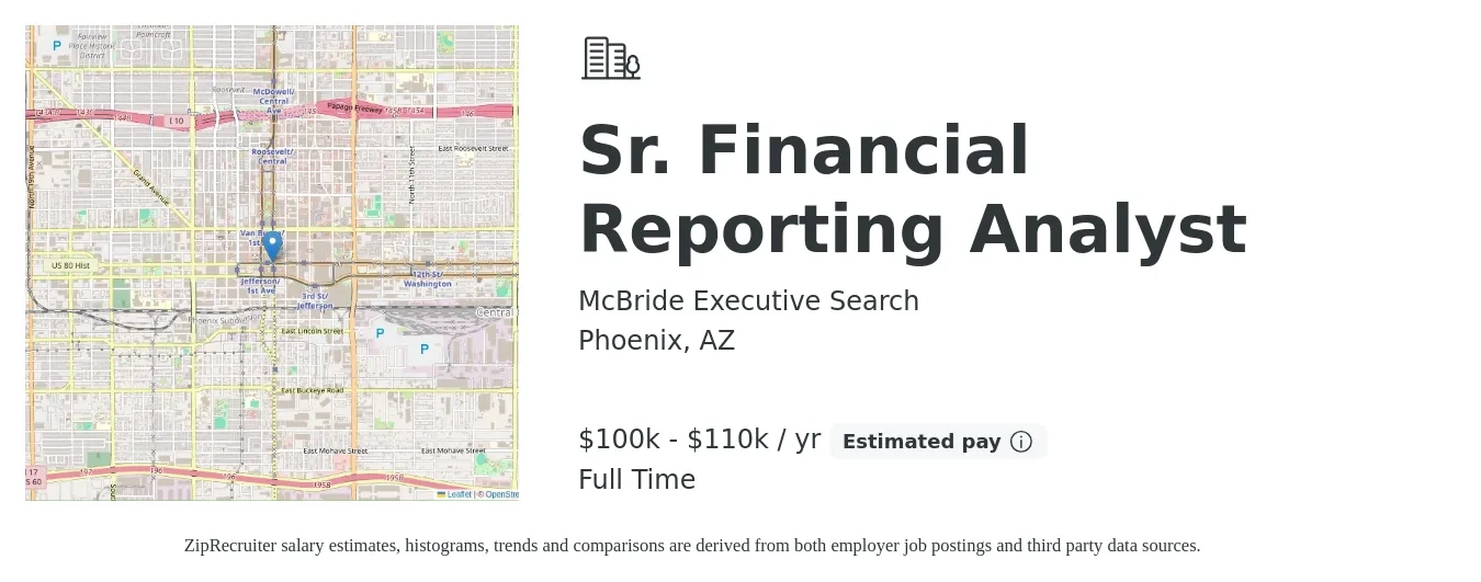 McBride Executive Search job posting for a Sr. Financial Reporting Analyst in Phoenix, AZ with a salary of $100,000 to $110,000 Yearly with a map of Phoenix location.