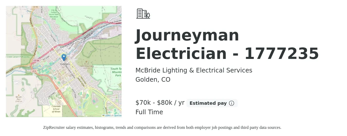 McBride Lighting & Electrical Services job posting for a Journeyman Electrician - 1777235 in Golden, CO with a salary of $70,000 to $80,000 Yearly with a map of Golden location.