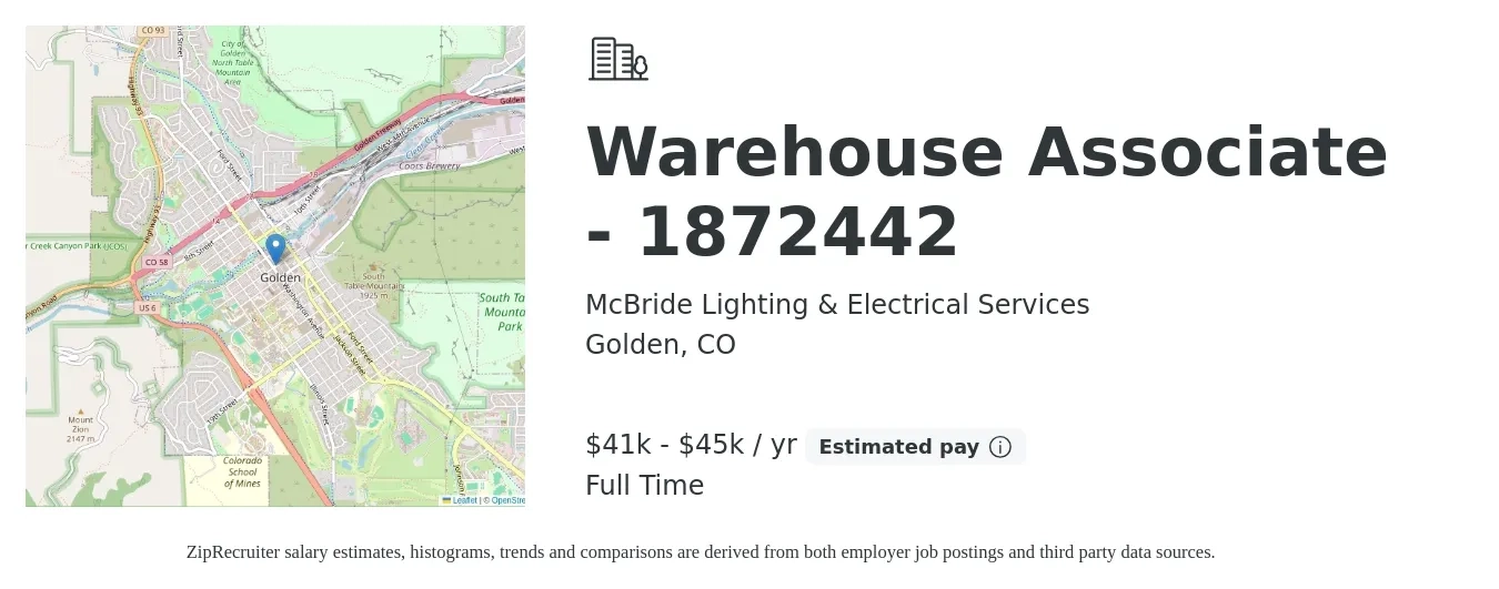McBride Lighting & Electrical Services job posting for a Warehouse Associate - 1872442 in Golden, CO with a salary of $41,600 to $45,760 Yearly with a map of Golden location.