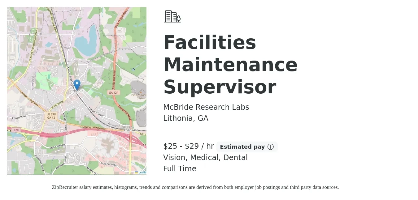 McBride Research Labs job posting for a Facilities Maintenance Supervisor in Lithonia, GA with a salary of $26 to $31 Hourly and benefits including dental, life_insurance, medical, pto, retirement, and vision with a map of Lithonia location.