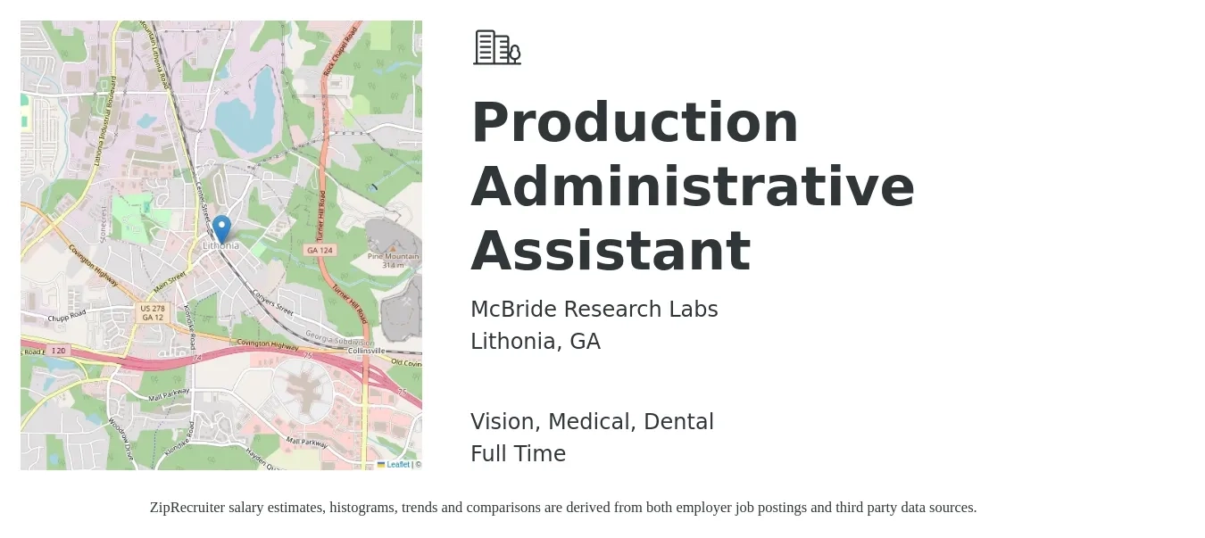 McBride Research Labs job posting for a Production Administrative Assistant in Lithonia, GA with a salary of $15 to $19 Hourly and benefits including vision, dental, life_insurance, medical, pto, and retirement with a map of Lithonia location.