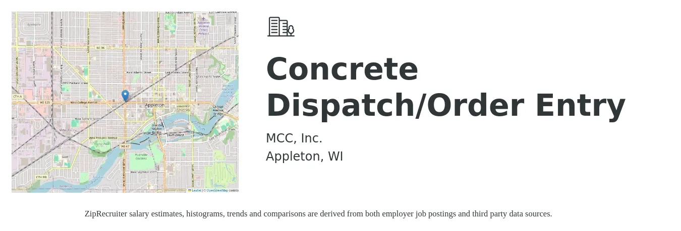 MCC, Inc. job posting for a Concrete Dispatch/Order Entry in Appleton, WI with a salary of $26 Hourly with a map of Appleton location.