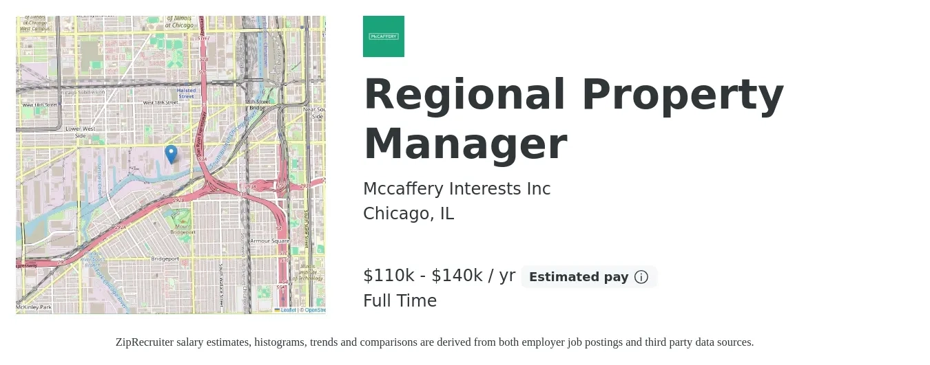 Mccaffery Interests Inc job posting for a Regional Property Manager in Chicago, IL with a salary of $110,000 to $140,000 Yearly with a map of Chicago location.