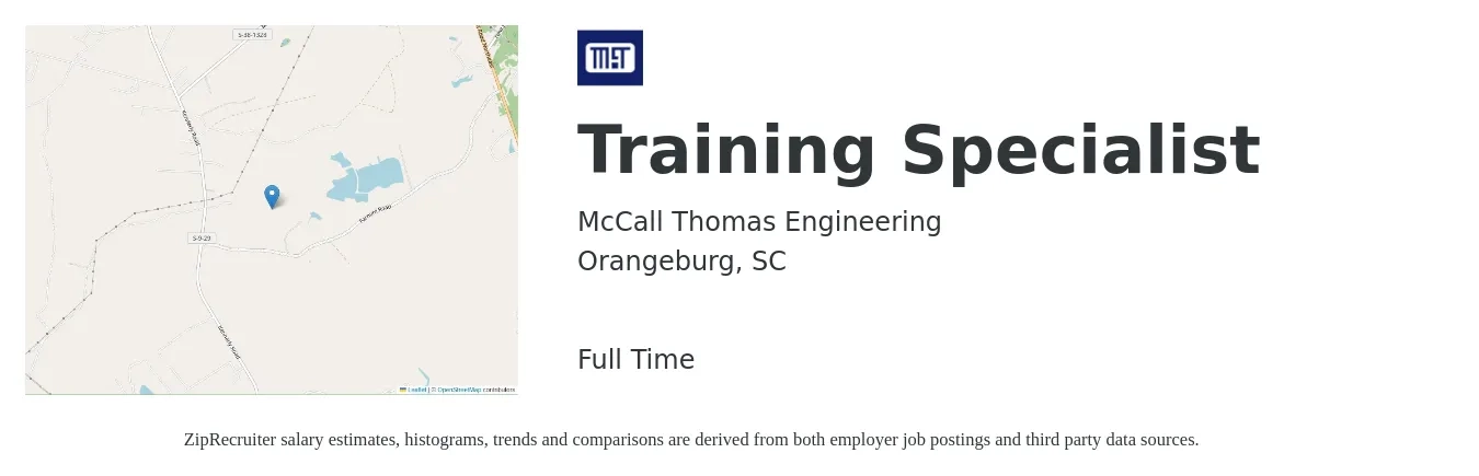McCall Thomas Engineering job posting for a Training Specialist in Orangeburg, SC with a salary of $54,800 to $79,800 Yearly with a map of Orangeburg location.
