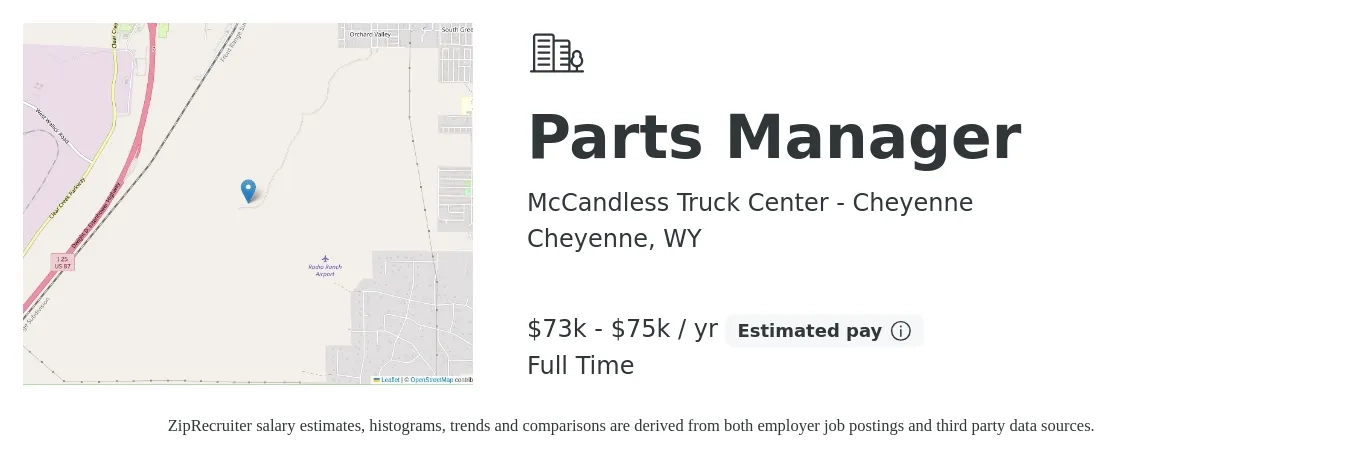 McCandless Truck Center - Cheyenne job posting for a Parts Manager in Cheyenne, WY with a salary of $73,000 to $75,000 Yearly with a map of Cheyenne location.