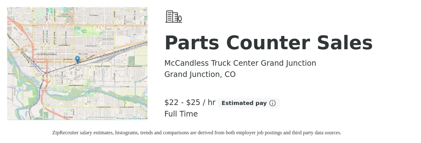 McCandless Truck Center Grand Junction job posting for a Parts Counter Sales in Grand Junction, CO with a salary of $23 to $26 Hourly with a map of Grand Junction location.