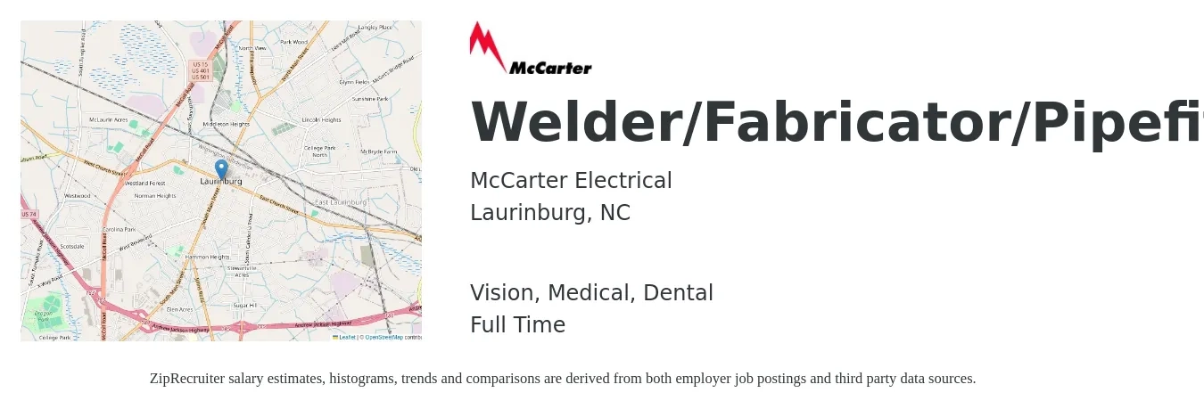 McCarter Electrical job posting for a Welder/Fabricator/Pipefitter/Rigger in Laurinburg, NC with a salary of $20 to $24 Hourly and benefits including vision, dental, life_insurance, medical, and retirement with a map of Laurinburg location.