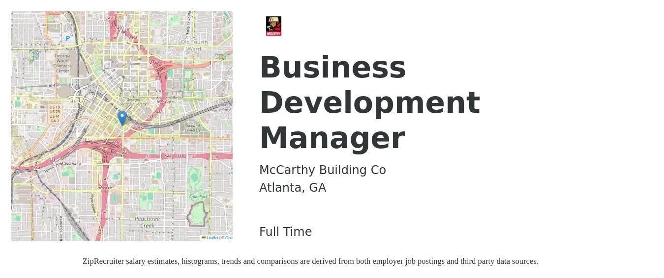 McCarthy Building Co job posting for a Business Development Manager in Atlanta, GA with a salary of $58,000 to $95,000 Yearly with a map of Atlanta location.