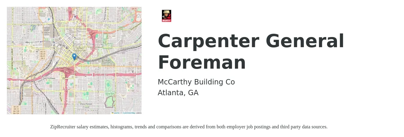 McCarthy Building Co job posting for a Carpenter General Foreman in Atlanta, GA with a salary of $26 to $33 Hourly with a map of Atlanta location.