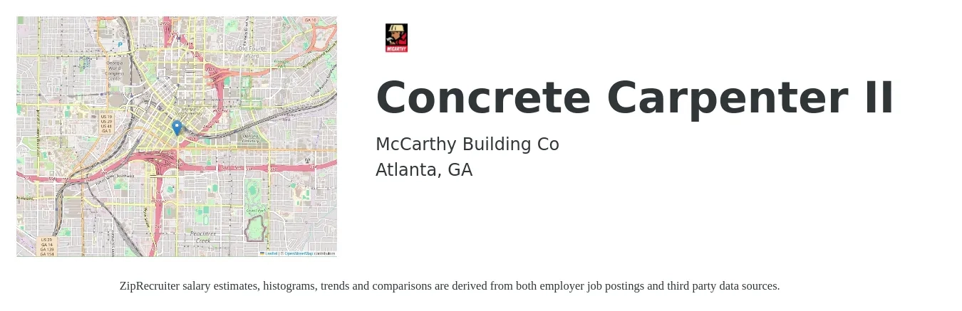 McCarthy Building Co job posting for a Concrete Carpenter II in Atlanta, GA with a salary of $22 to $30 Hourly with a map of Atlanta location.