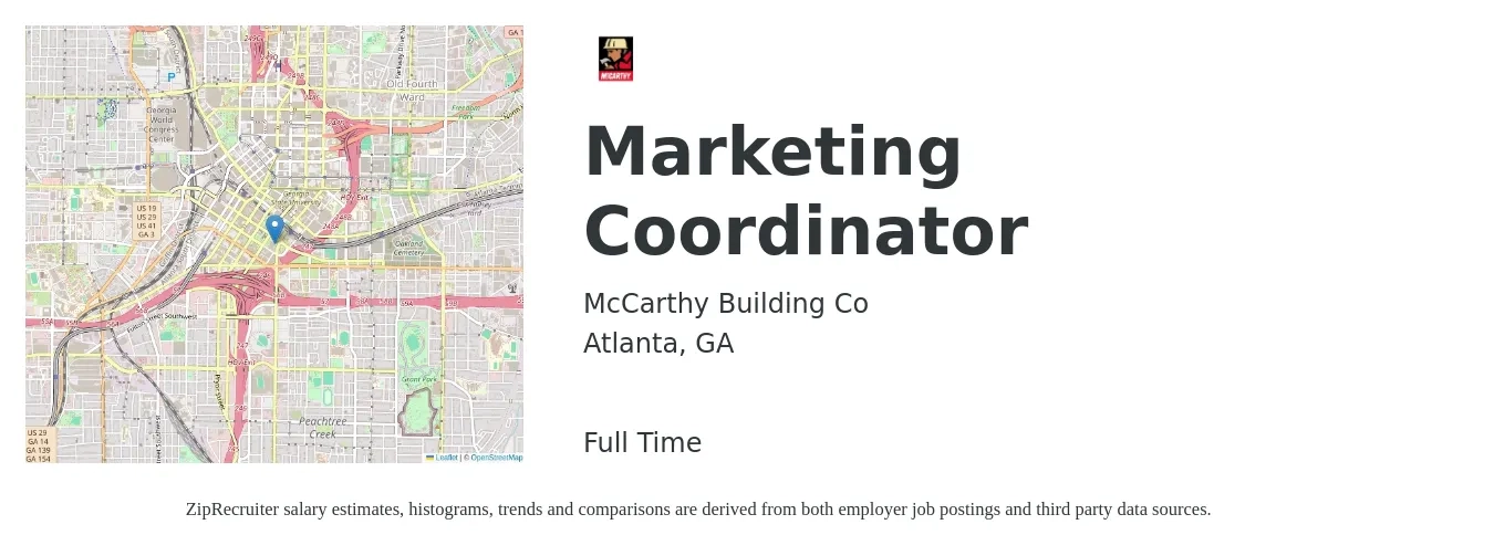 McCarthy Building Co job posting for a Marketing Coordinator in Atlanta, GA with a salary of $40,400 to $55,600 Yearly with a map of Atlanta location.