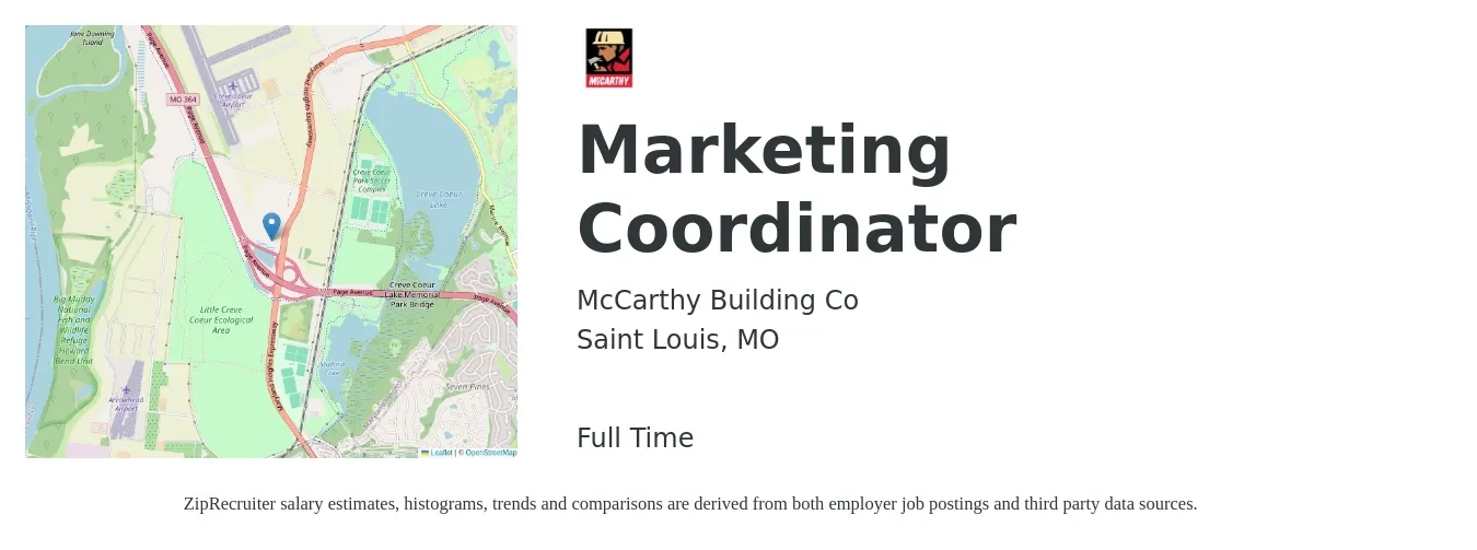 McCarthy Building Co job posting for a Marketing Coordinator in Saint Louis, MO with a salary of $39,800 to $54,800 Yearly with a map of Saint Louis location.