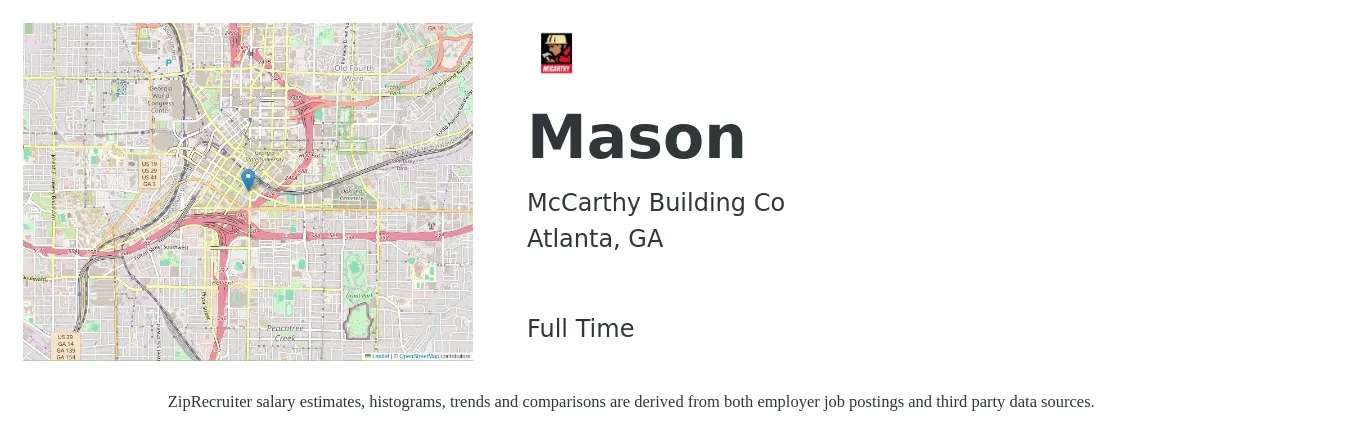 McCarthy Building Co job posting for a Mason in Atlanta, GA with a salary of $23 to $30 Hourly with a map of Atlanta location.