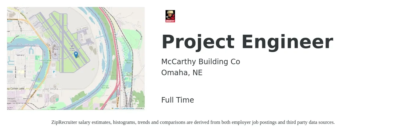 McCarthy Building Co job posting for a Project Engineer in Omaha, NE with a salary of $63,200 to $88,400 Yearly with a map of Omaha location.