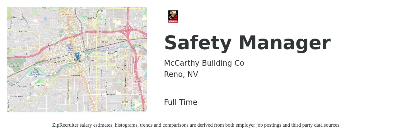 McCarthy Building Co job posting for a Safety Manager in Reno, NV with a salary of $65,300 to $102,200 Yearly with a map of Reno location.