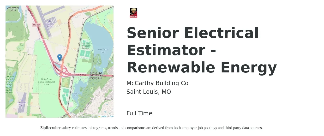 McCarthy Building Co job posting for a Senior Electrical Estimator - Renewable Energy in Saint Louis, MO with a salary of $75,000 to $81,700 Yearly with a map of Saint Louis location.
