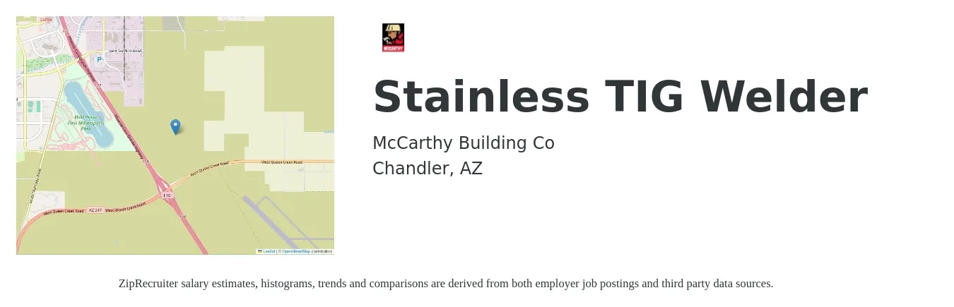 McCarthy Building Co job posting for a Stainless TIG Welder in Chandler, AZ with a salary of $20 to $26 Hourly with a map of Chandler location.