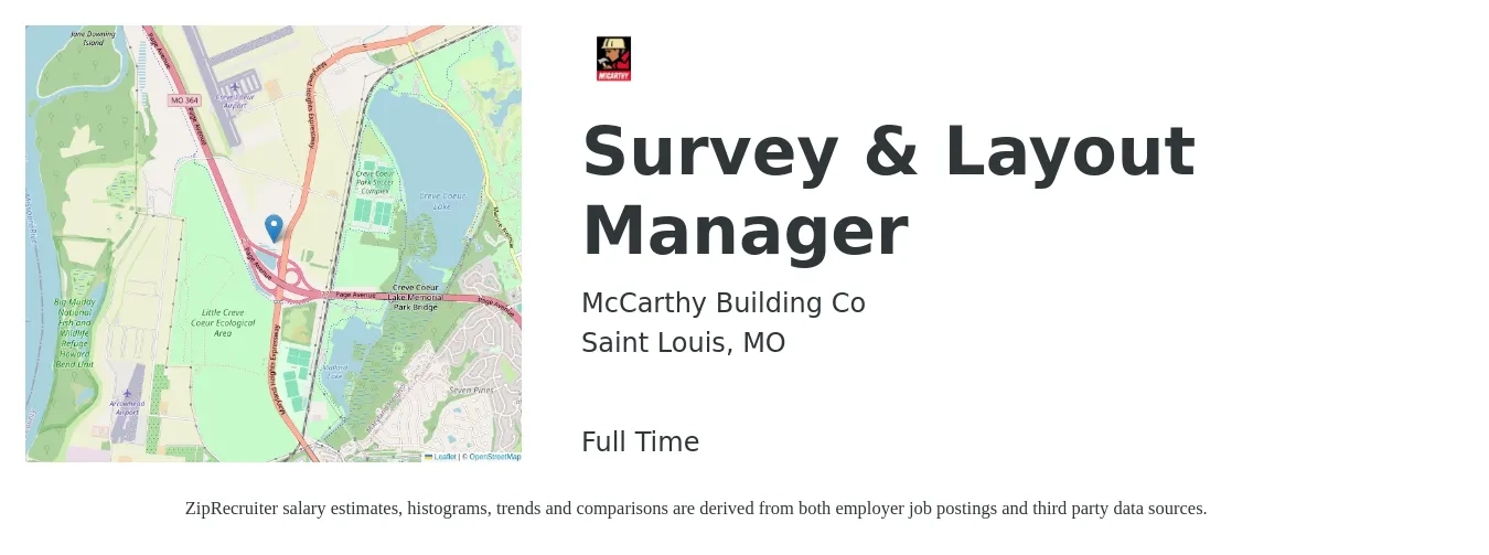 McCarthy Building Co job posting for a Survey & Layout Manager in Saint Louis, MO with a salary of $56,200 to $88,500 Yearly with a map of Saint Louis location.
