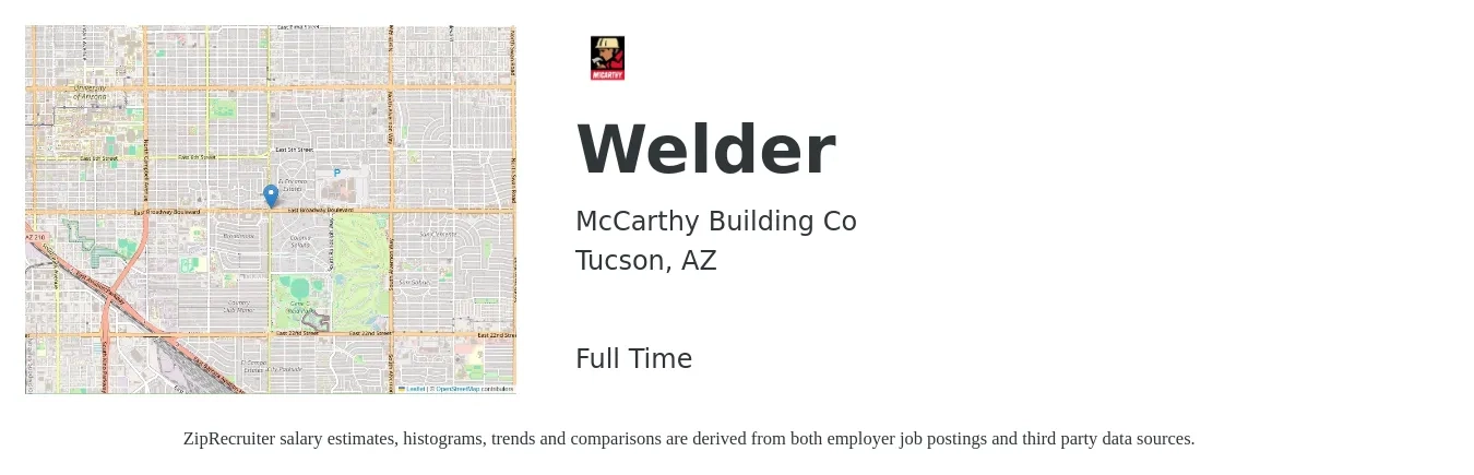 McCarthy Building Co job posting for a Welder in Tucson, AZ with a salary of $16 to $21 Hourly with a map of Tucson location.