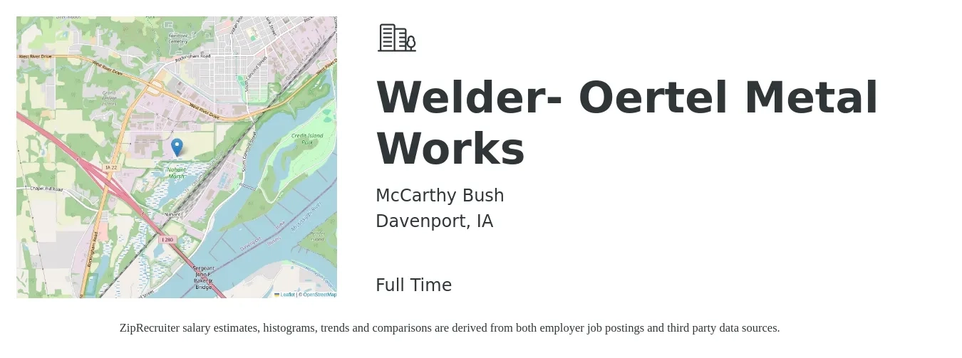 McCarthy Bush job posting for a Welder- Oertel Metal Works in Davenport, IA with a salary of $21 Hourly with a map of Davenport location.