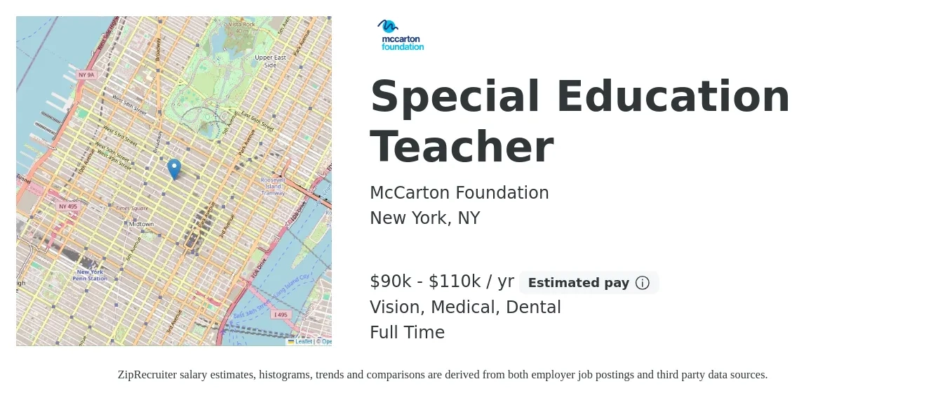 McCarton Foundation job posting for a Special Education Teacher in New York, NY with a salary of $90,000 to $110,000 Yearly with a map of New York location.
