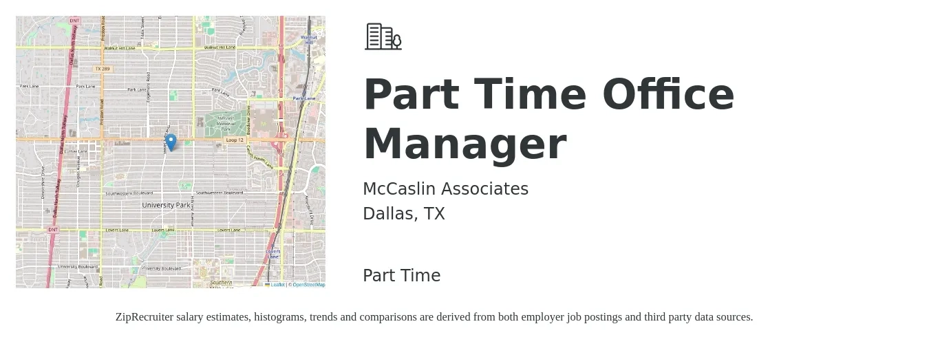 McCaslin Associates job posting for a Part Time Office Manager in Dallas, TX with a salary of $37,300 to $55,100 Yearly with a map of Dallas location.