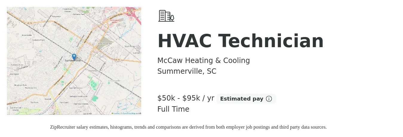 McCaw Heating & Cooling job posting for a HVAC Technician in Summerville, SC with a salary of $50,000 to $95,000 Yearly with a map of Summerville location.
