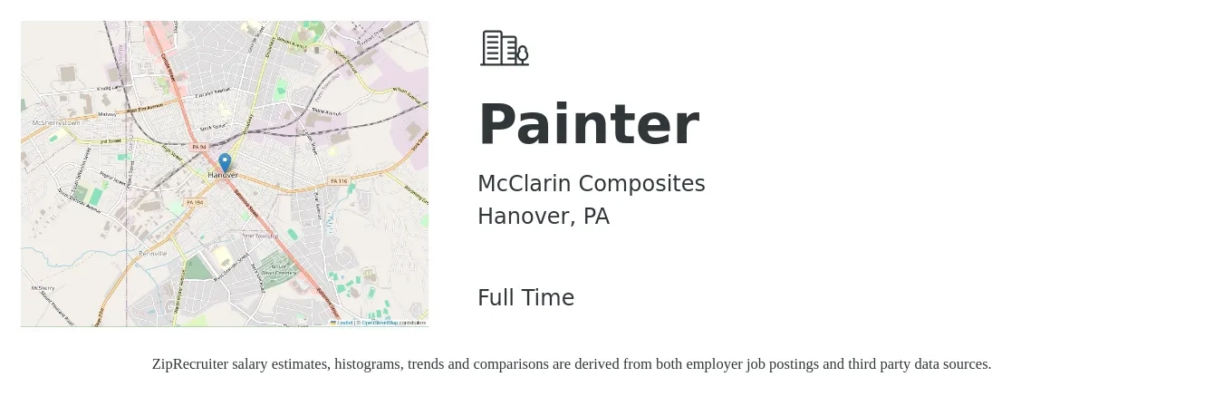 McClarin Composites job posting for a Painter in Hanover, PA with a salary of $18 to $24 Hourly with a map of Hanover location.