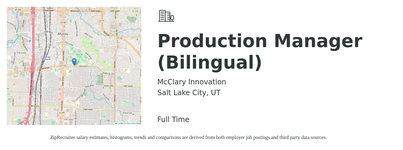 McClary Innovation job posting for a Production Manager (Bilingual) in Salt Lake City, UT with a salary of $54,200 to $77,900 Yearly with a map of Salt Lake City location.