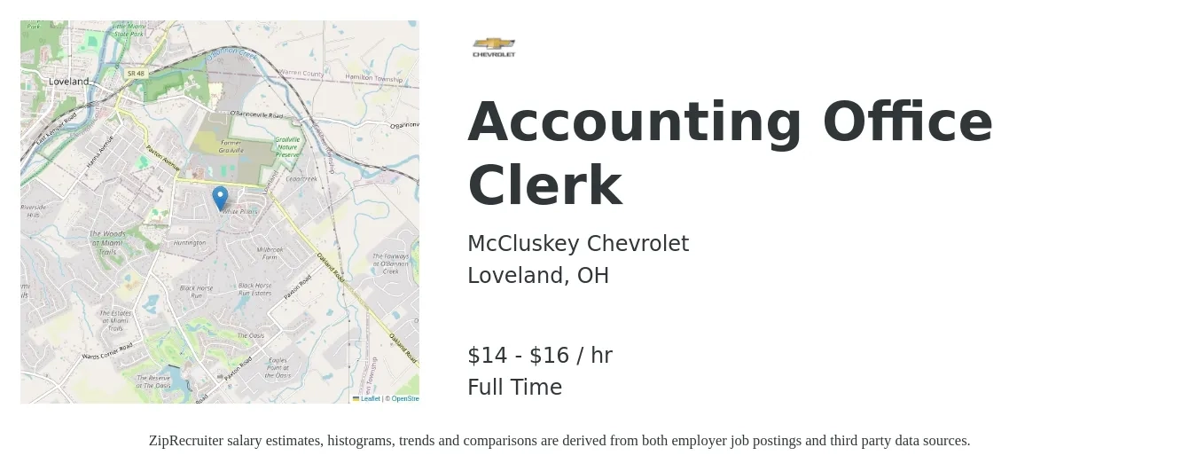 McCluskey Chevrolet job posting for a Accounting Office Clerk in Loveland, OH with a salary of $15 to $17 Hourly with a map of Loveland location.