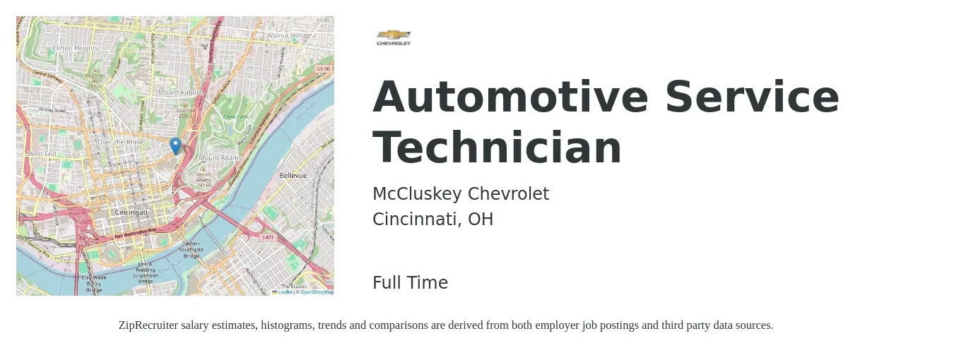 McCluskey Chevrolet job posting for a Automotive Service Technician in Cincinnati, OH with a salary of $18 to $30 Hourly with a map of Cincinnati location.