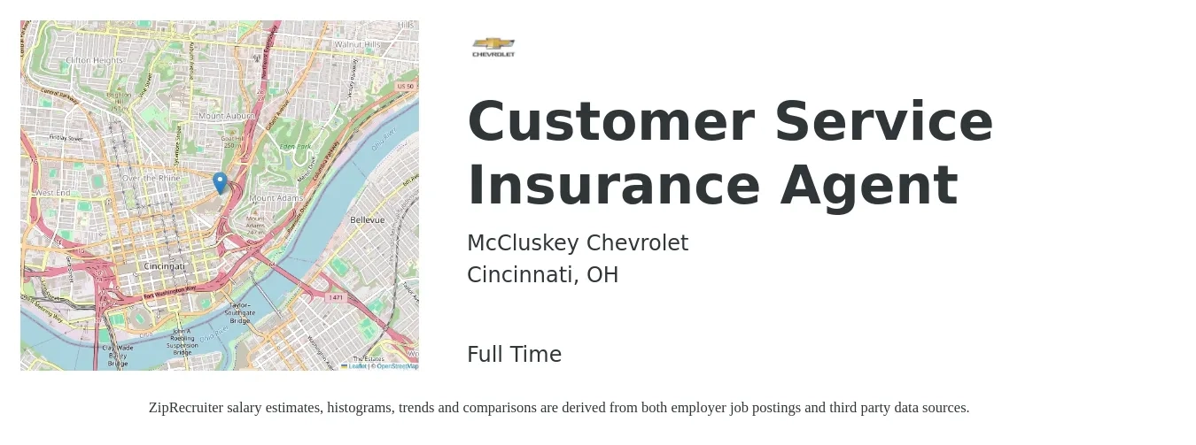 McCluskey Chevrolet job posting for a Customer Service Insurance Agent in Cincinnati, OH with a salary of $15 to $20 Hourly with a map of Cincinnati location.