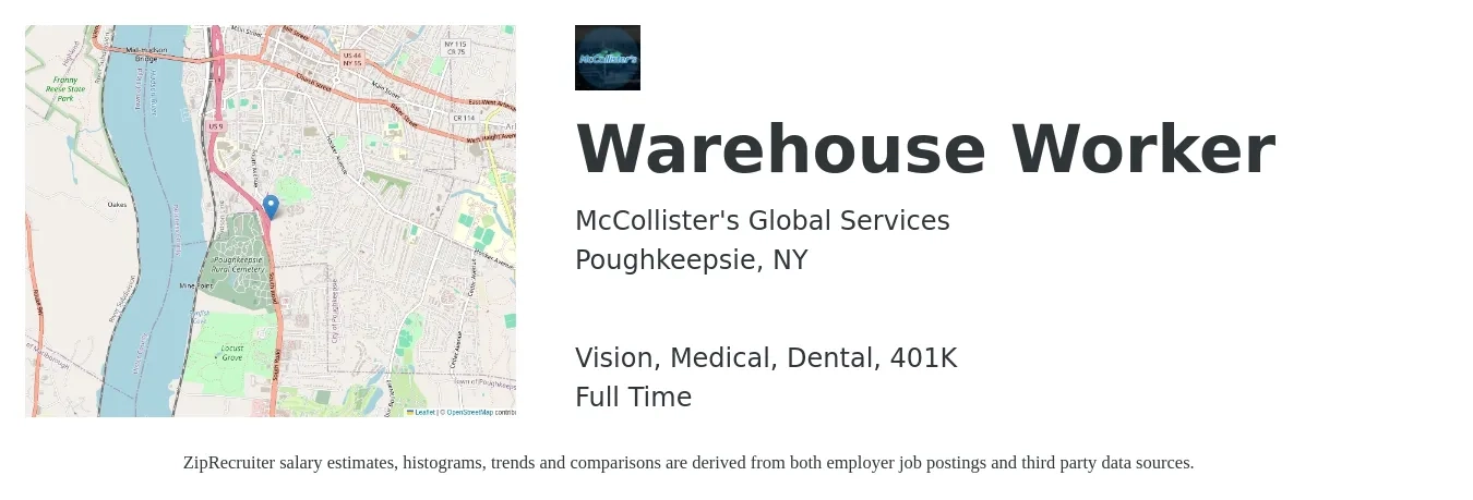 McCollister's Global Services job posting for a Warehouse Worker in Poughkeepsie, NY with a salary of $16 to $19 Hourly and benefits including 401k, dental, life_insurance, medical, and vision with a map of Poughkeepsie location.