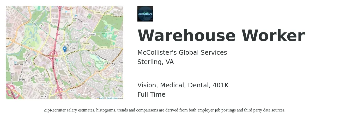 McCollister's Global Services job posting for a Warehouse Worker in Sterling, VA with a salary of $16 to $19 Hourly and benefits including 401k, dental, life_insurance, medical, and vision with a map of Sterling location.