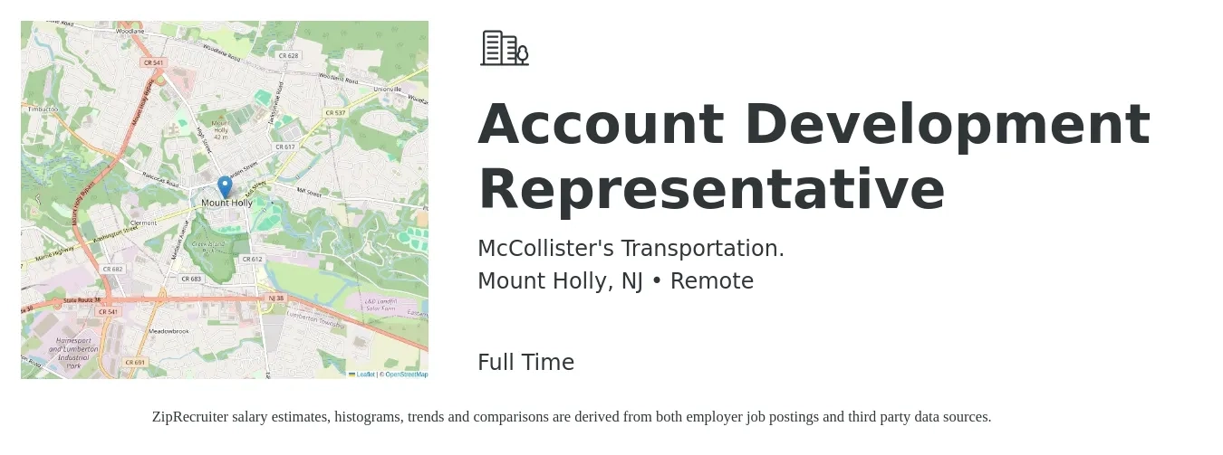 McCollister's Transportation. job posting for a Account Development Representative in Mount Holly, NJ with a salary of $42,100 to $62,900 Yearly with a map of Mount Holly location.