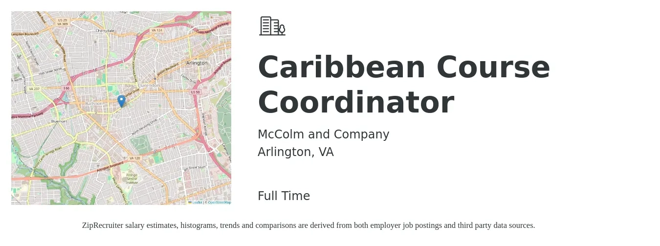 McColm and Company job posting for a Caribbean Course Coordinator in Arlington, VA with a salary of $51,200 to $74,200 Yearly with a map of Arlington location.
