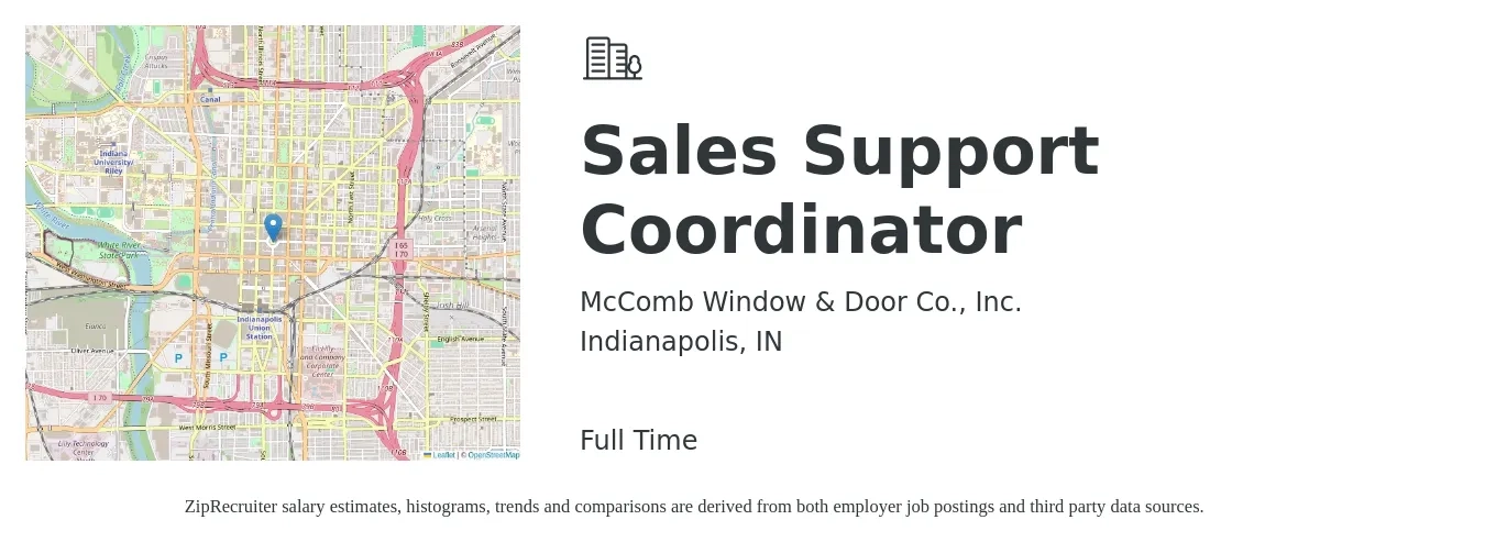 McComb Window & Door Co., Inc. job posting for a Sales Support Coordinator in Indianapolis, IN with a salary of $20 to $26 Hourly with a map of Indianapolis location.