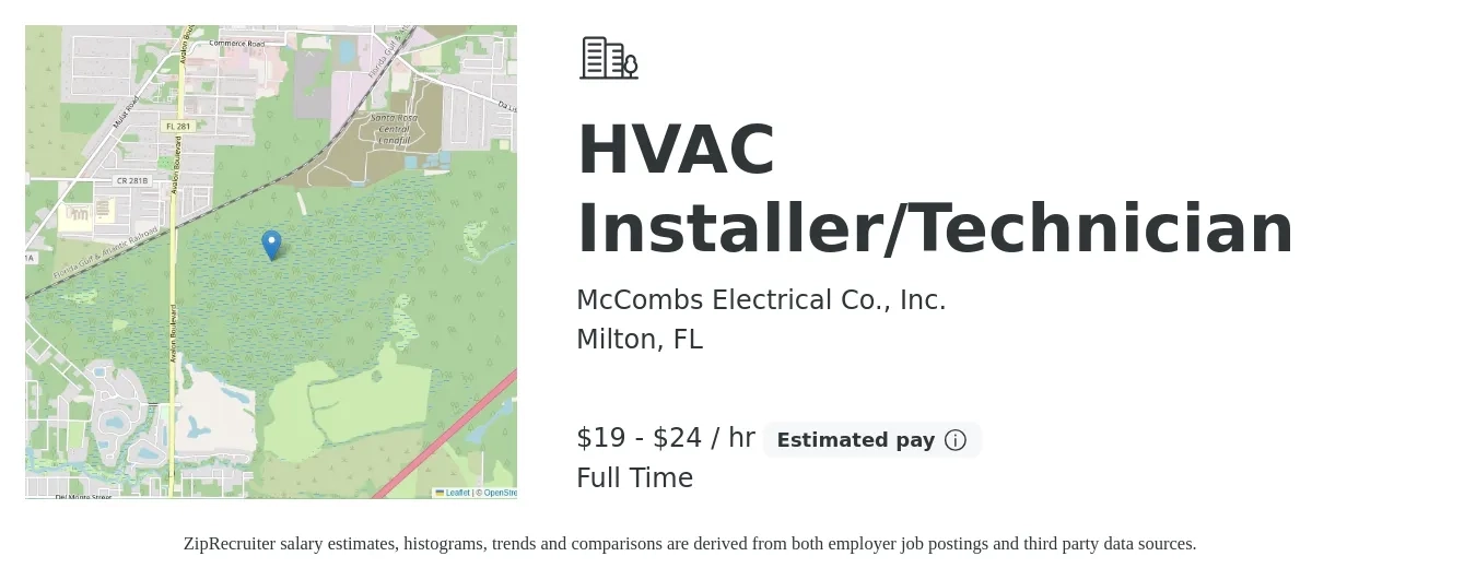McCombs Electrical Co., Inc. job posting for a HVAC Installer/Technician in Milton, FL with a salary of $20 to $25 Hourly with a map of Milton location.
