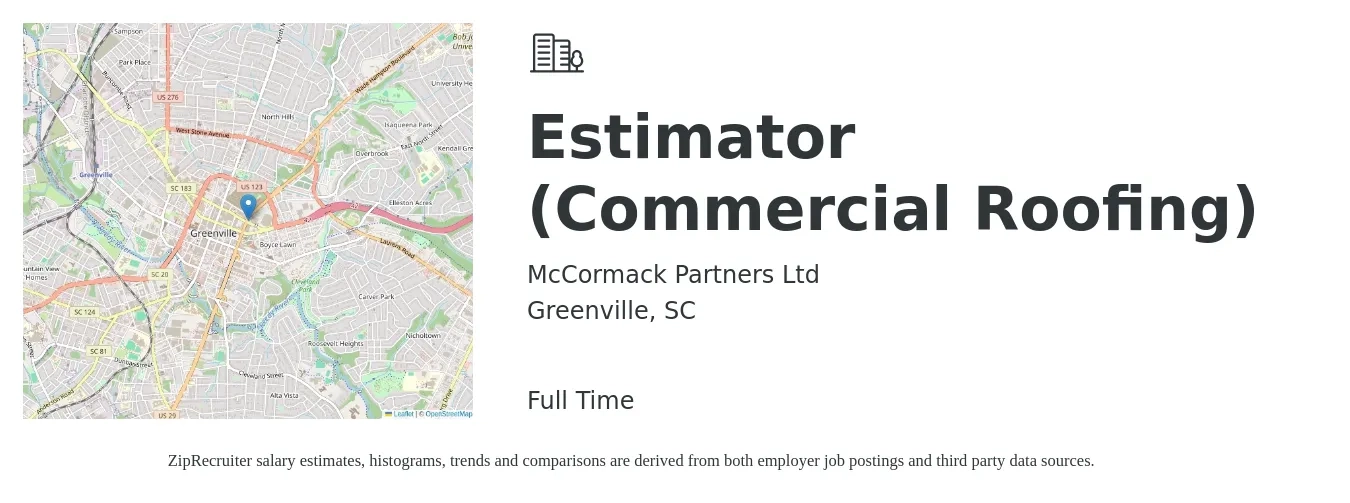 McCormack Partners Ltd job posting for a Estimator (Commercial Roofing) in Greenville, SC with a salary of $85,000 to $110,000 Yearly with a map of Greenville location.