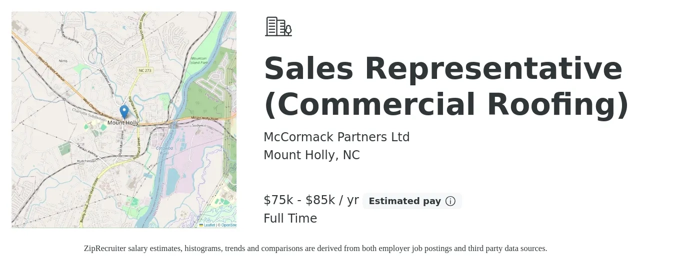 McCormack Partners Ltd job posting for a Sales Representative (Commercial Roofing) in Mount Holly, NC with a salary of $75,000 to $85,000 Yearly with a map of Mount Holly location.