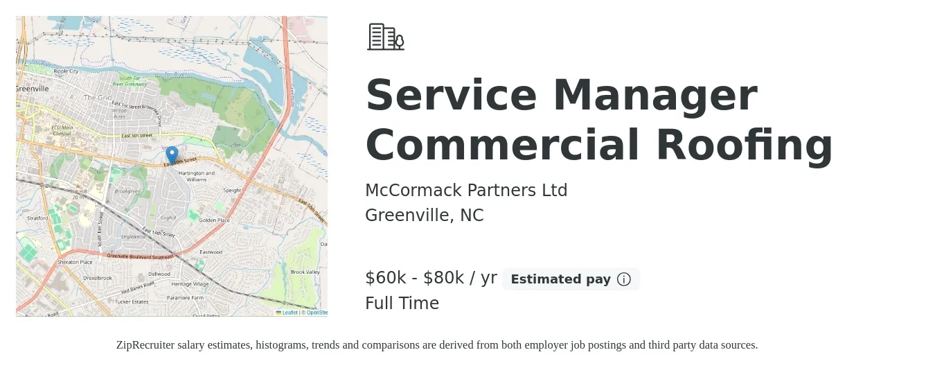 McCormack Partners Ltd job posting for a Service Manager Commercial Roofing in Greenville, NC with a salary of $60,000 to $80,000 Yearly with a map of Greenville location.