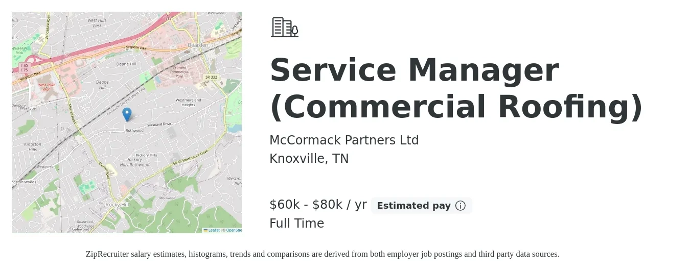 McCormack Partners Ltd job posting for a Service Manager (Commercial Roofing) in Knoxville, TN with a salary of $60,000 to $80,000 Yearly with a map of Knoxville location.